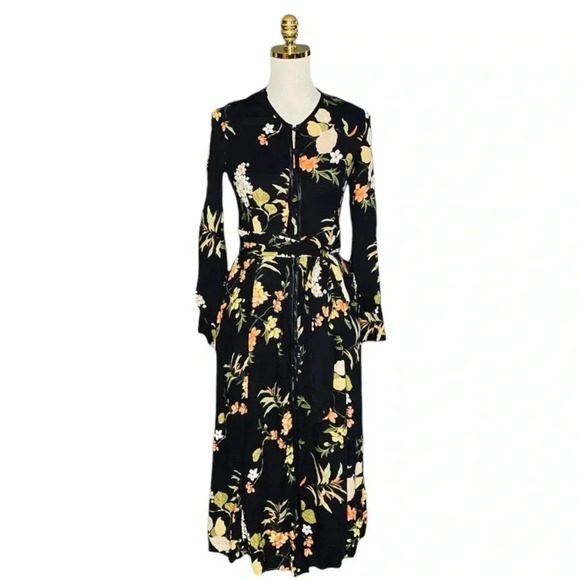 ZARA Black Floral Print Button Down Flowy Cottagecore Maxi Dress Size S - Picture 7 of 14